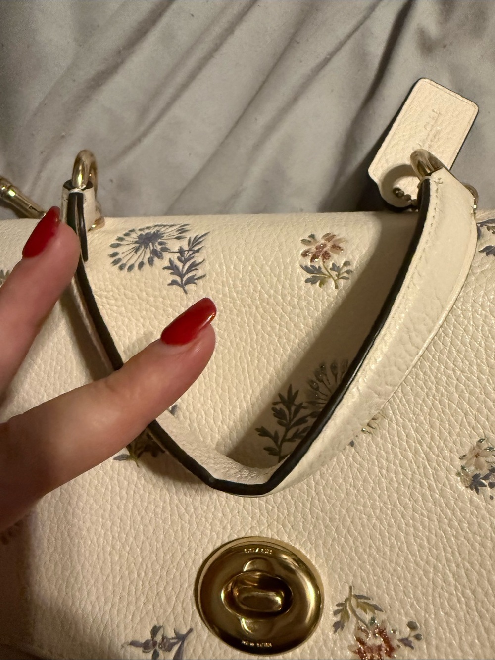 Floral-Print Cream Top-Handle Satchel - Picture 3 of 12
